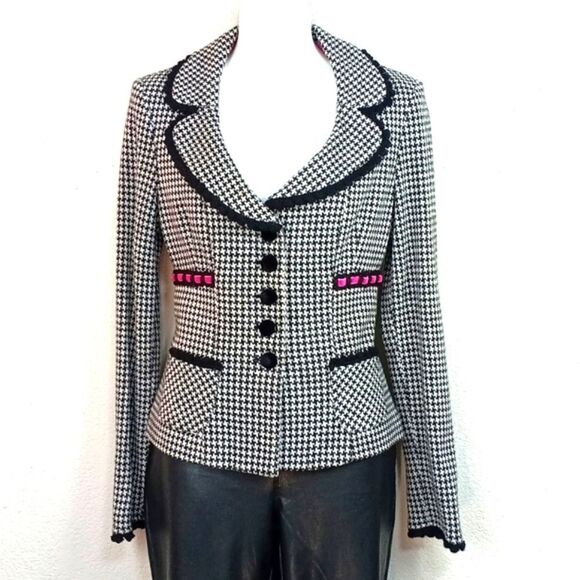 Nanette Lepore black/white houndstooth coquette velvet ribbon blazer M - Picture 1 of 15